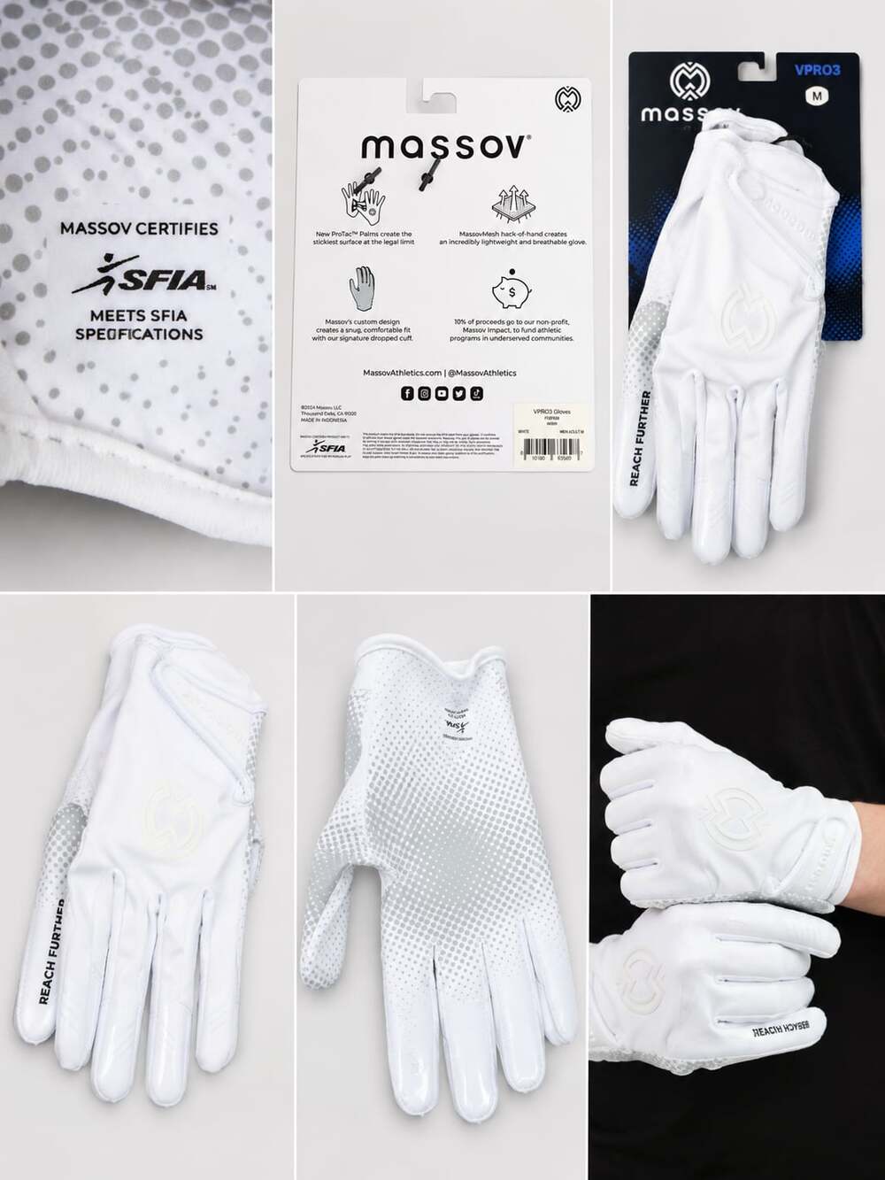 Massov VPRO3 Receiver Football Gloves, White, Adult Medium